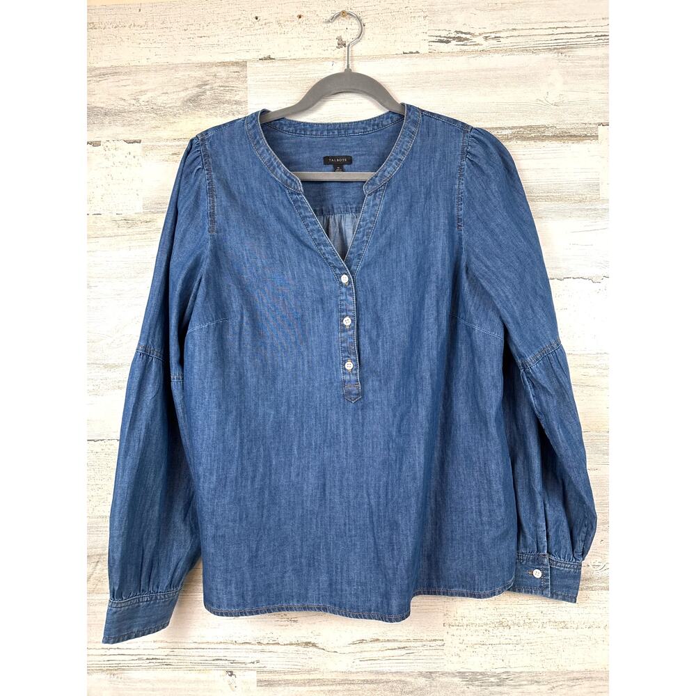 Talbots Womens M Blue Chambray Denim Lightweight Long Sleeve Popover Blouse